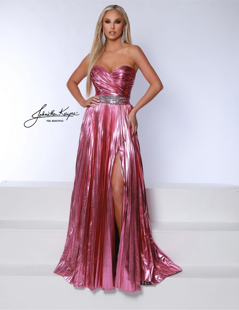 metallic, metallic prom dress, strapless metallic, slit, sparkle. prom